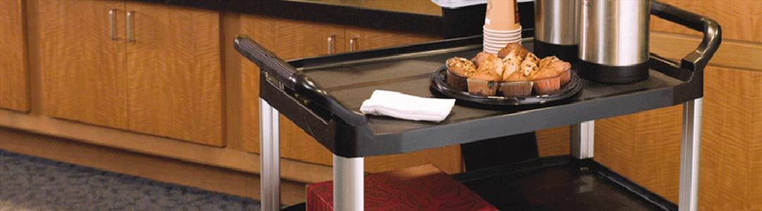 poly serving trolley with a plate of muffins and drink dispenser on