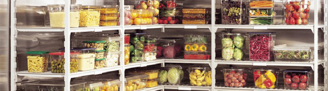wire shelving full of clear containers of food