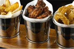 three presentation buckets filled with food placed side by side 