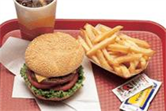red rectangular tray with fast food on
