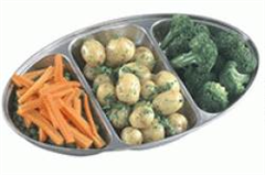 three part vegetable tray with vegetables on 