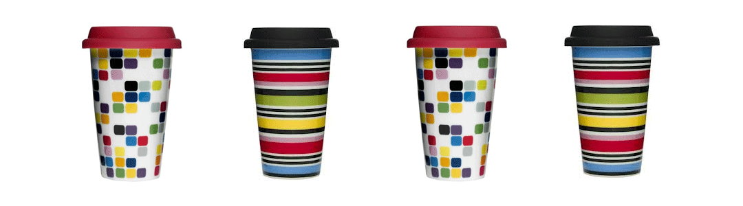 Row of reusable pattered take away mugs