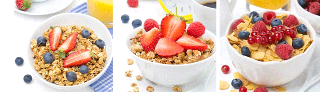 Three bowls of healthy breakfast cereal