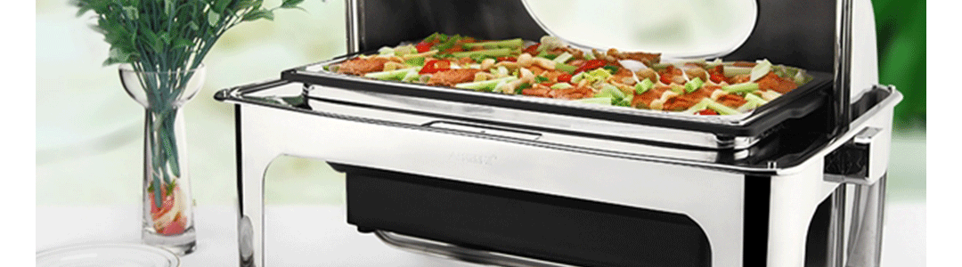 Chafing dish open display food inside 