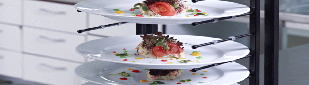 restaurant plate stacker full of plates of food