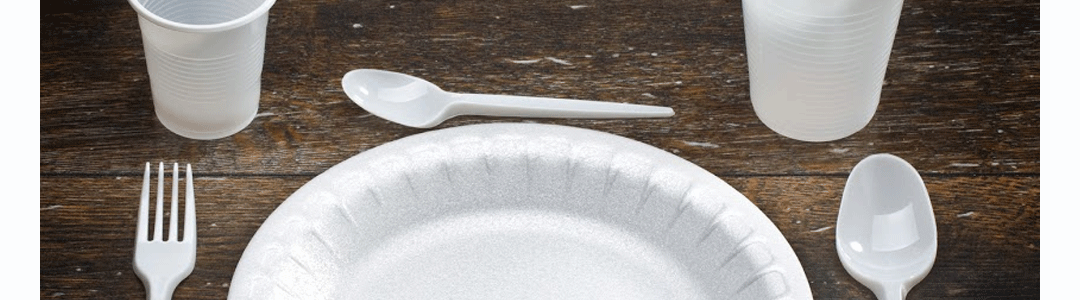 disposable cutlery alongside a disposable plate with two disposable cups 