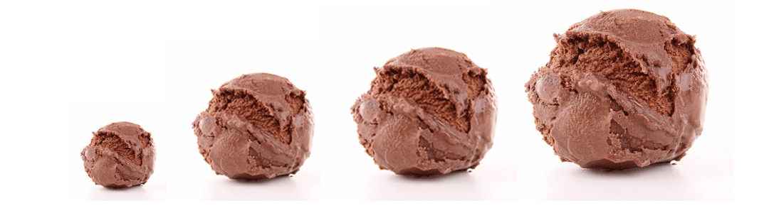 four differently sized scoops of chocolate ice cream