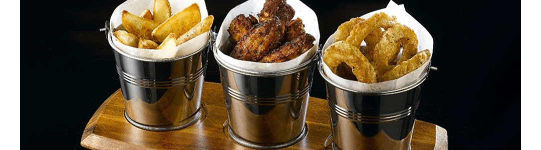 three presentation buckets filled with food placed side by side