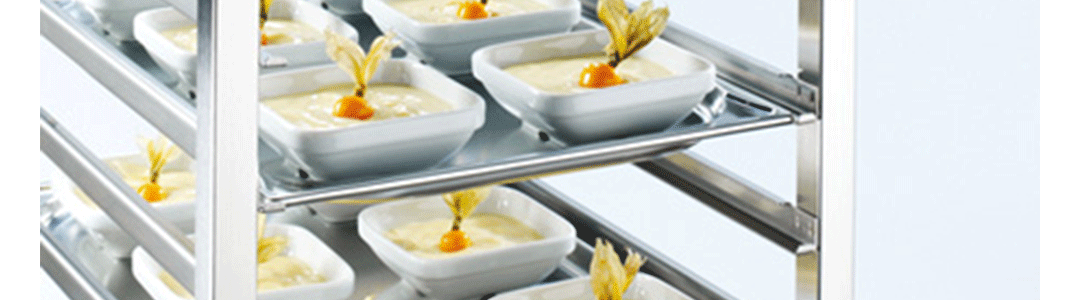 restaurant racking trolley full of bowls of food