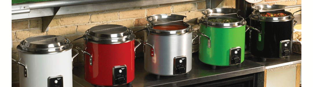 Row of coloured soup kettles 