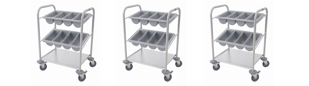 three cutlery dispense trolleys