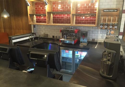 Stainless steel work tops in serving area